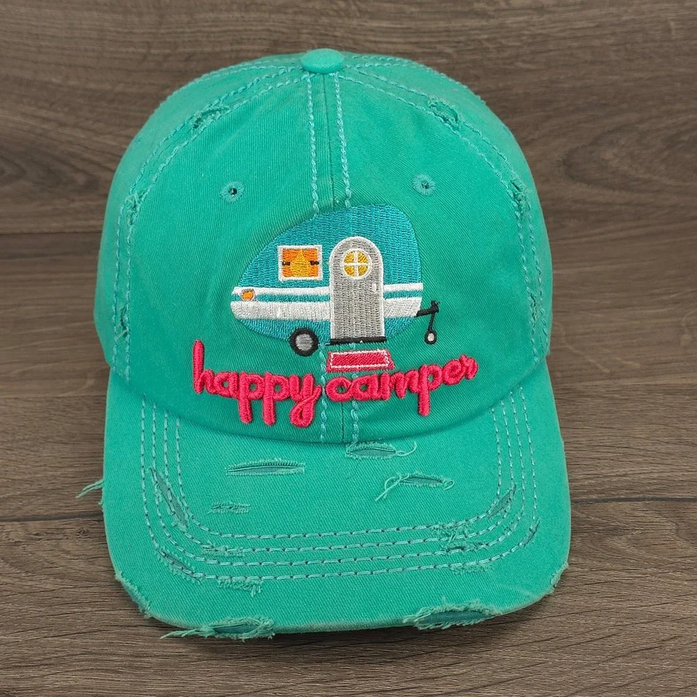 Happy Camper Hat Cap Womens Strap Back Green Distressed RV Camping Hike Gorpcore